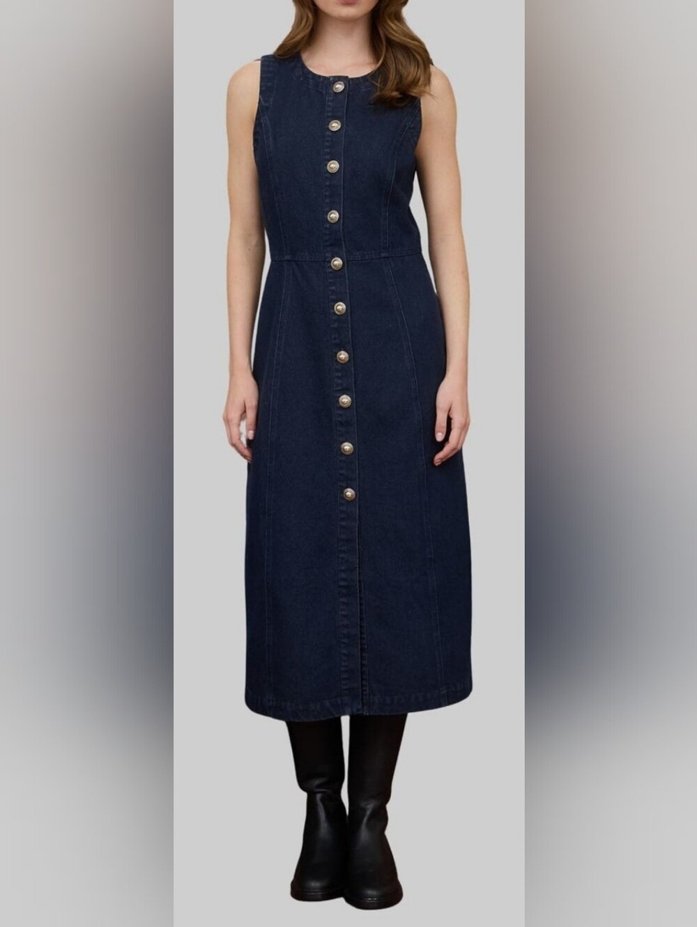 Blu Pepper NWT Dark Blue Denim Gold Button-Front Midi Dress. Size S